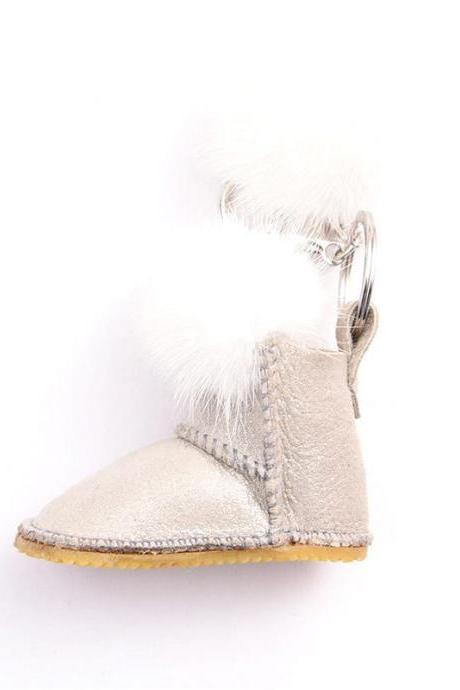 Mink fur snow boots simple metal key ring Plush bag Pendant-4