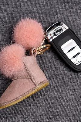 Mink fur snow boots simple metal key ring Plush bag Pendant-5