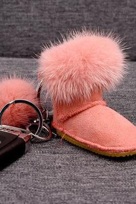 Mink fur snow boots simple metal key ring Plush bag Pendant-7