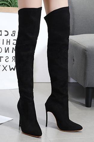 Elastic Thin Heel Pointed Long Tube Knee Boots-black