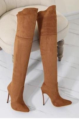 Elastic Thin Heel Pointed Long Tube Knee Boots-brown