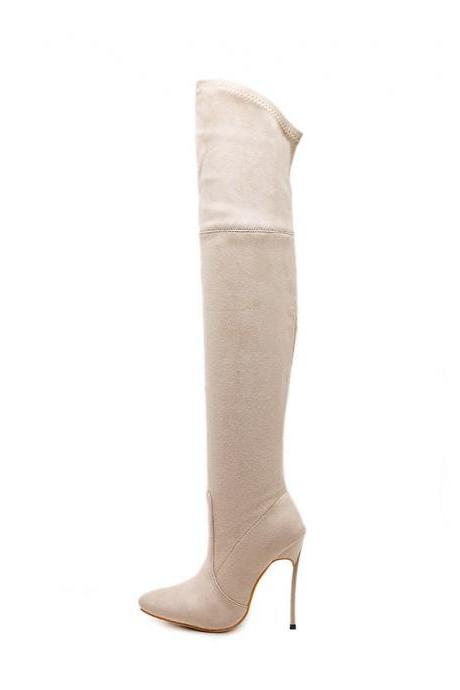 Elastic Thin Heel Pointed Long Tube Knee Boots-white