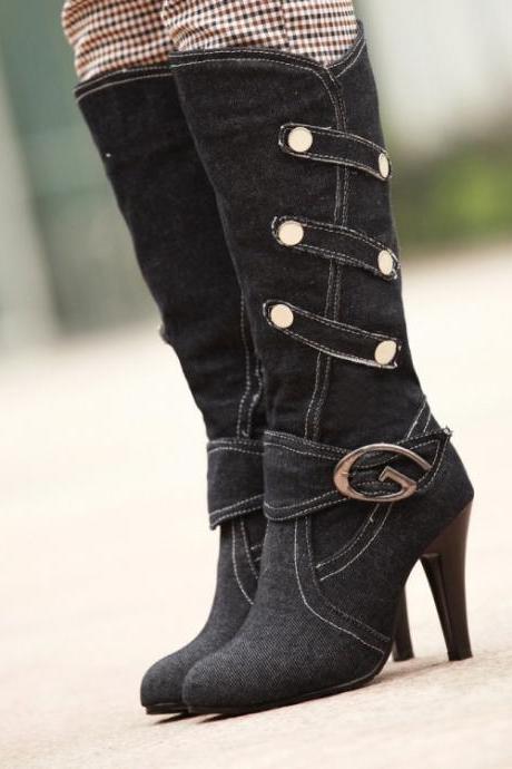 Denim High-heeled Women's Boots-black
