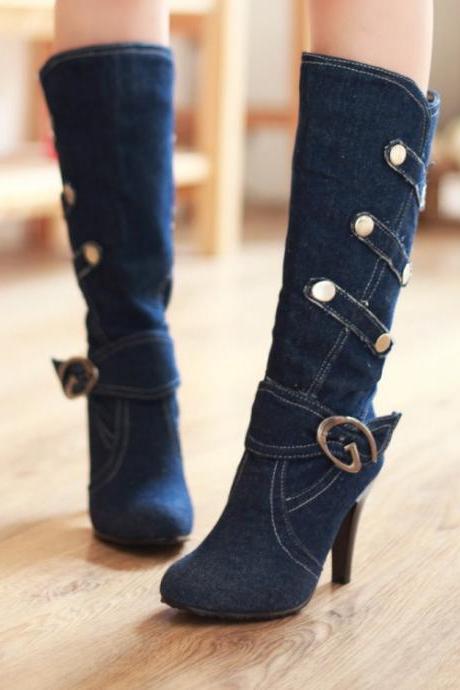 Denim High-heeled Women's Boots-dark Blue
