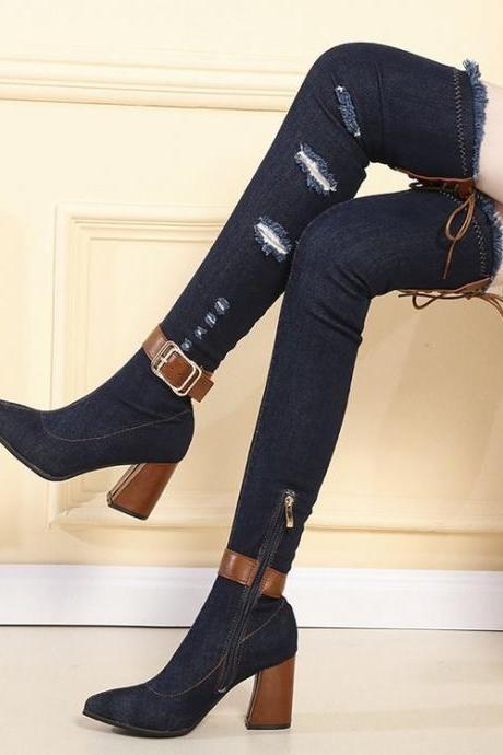 Fashion Hole Denim Thick Heel Knee Boots-dark Blue