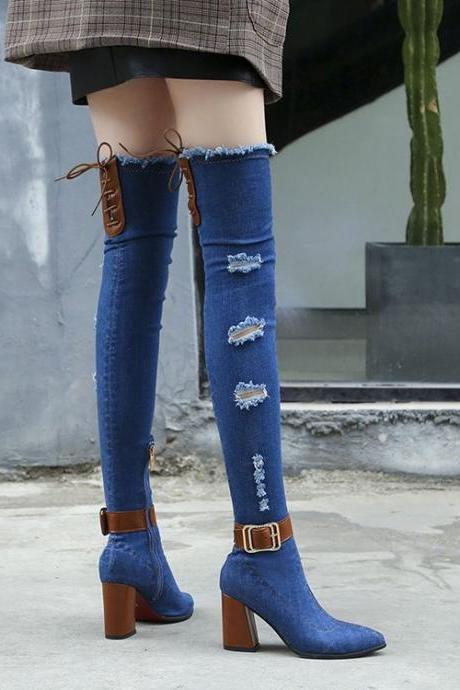 Fashion Hole Denim Thick Heel Knee Boots-blue-1