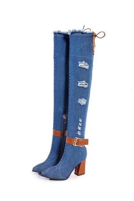 Fashion Hole Denim Thick Heel Knee Boots-blue-3