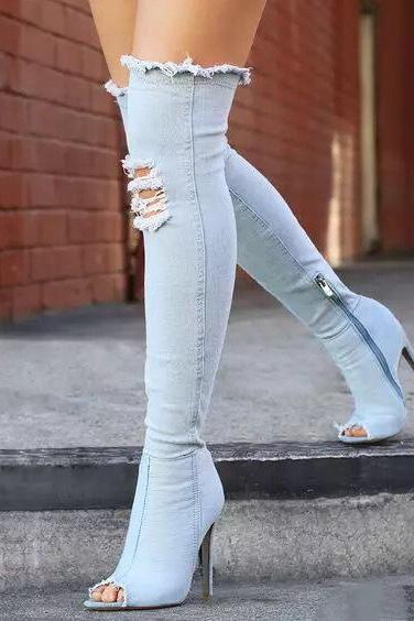 Fish Mouth Thin Heel Knee Stretch Cowboy Boots-sky Blue