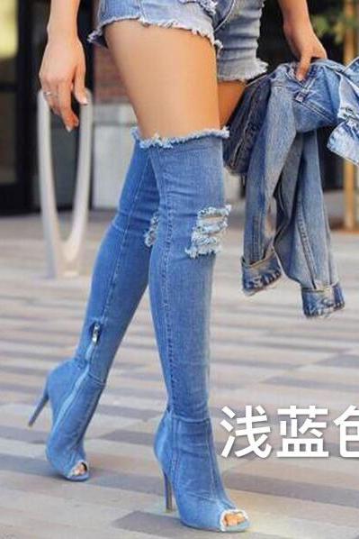 Fish Mouth Thin Heel Knee Stretch Cowboy Boots-light Blue