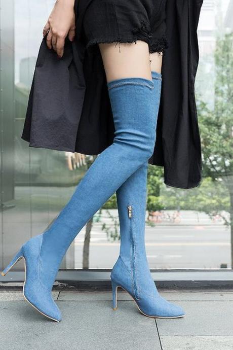 Thin Heel High Heel Side Zipper Denim Knee Length Elastic Boots-1