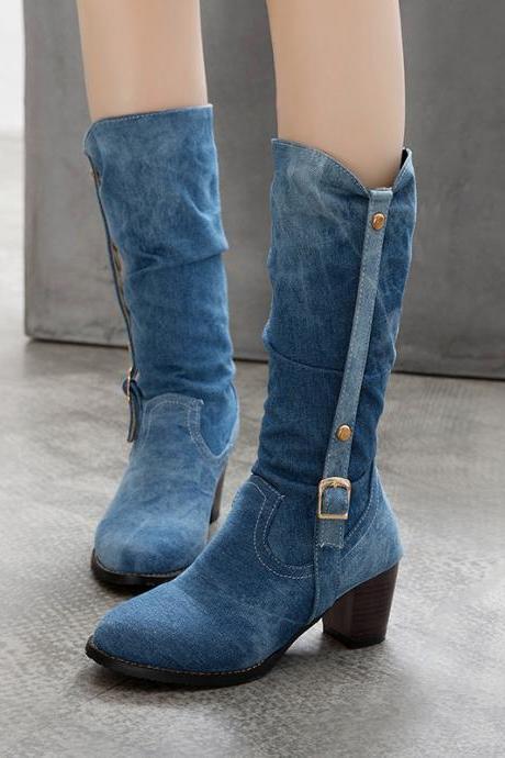 New casual cloth high-heeled middle boots-Blue-1