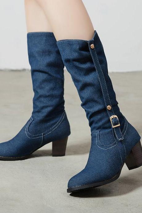 New casual cloth high-heeled middle boots-Dark Blue-2