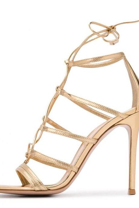 Gold Pu Thin High Heel Front Lace Up Open Toe Sandals