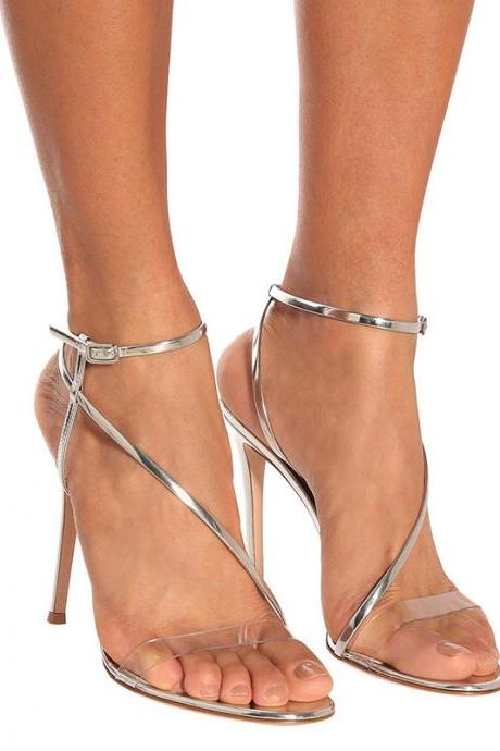 Pvc Herringbone Belt Silver Thin High-heeled Sandals