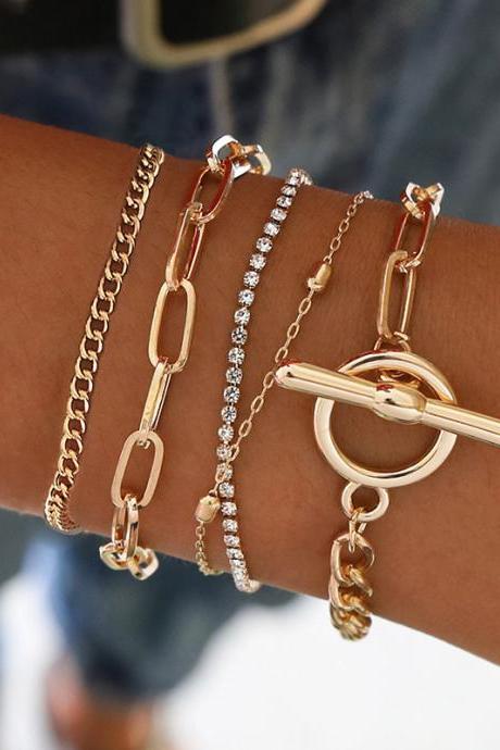 Simple Geometric Versatile Bracelet Mixed With Diamond Bead Multi-layer Bracelet-golden