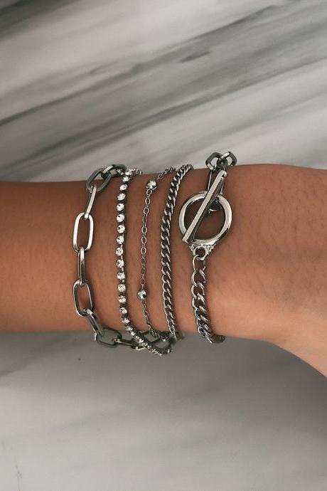 Simple Geometric Versatile Bracelet Mixed With Diamond Bead Multi-layer Bracelet-silvery
