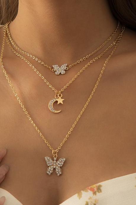 Multi Layer Micro Inlaid Three-dimensional Butterfly Necklace Star Moon Suit Clavicle-golden