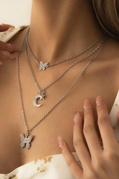 Multi Layer Micro Inlaid Three-dimensional Butterfly Necklace Star Moon Suit Clavicle-silvery