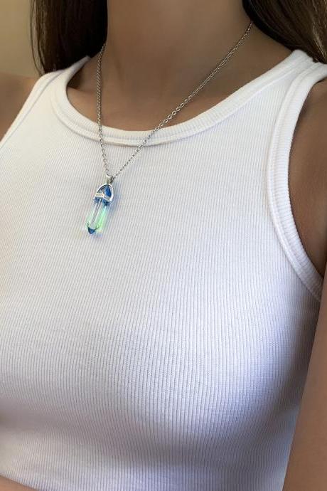 Hip Hop Metal Chain Single Layer Necklace Ins Simple Laser Turquoise Imitation Crystal Necklace-3