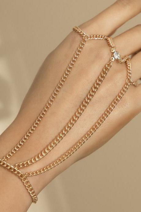 Street Style Metal Chain Ring Bracelet Hip Hop Boast Fashion Women's Hand Back Chain-golden