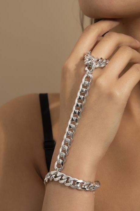 Street Style Metal Chain Ring Bracelet Hip Hop Boast Fashion Women&amp;amp;amp;#039;s Hand Back Chain-silvery