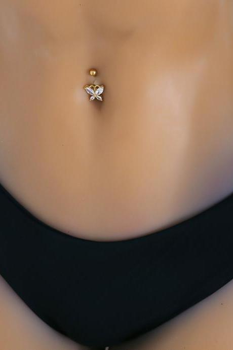 Fashion butterfly geometric hand inlaid navel nail-Golden