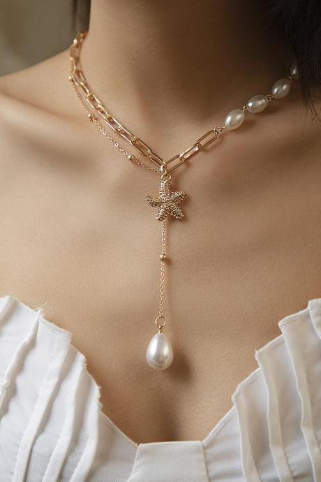 Pearl Mixed With Bead Chain Necklace Metal Starfish Alloy Pendant Neck Chain-golden