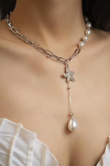 Pearl Mixed With Bead Chain Necklace Metal Starfish Alloy Pendant Neck Chain-silvery