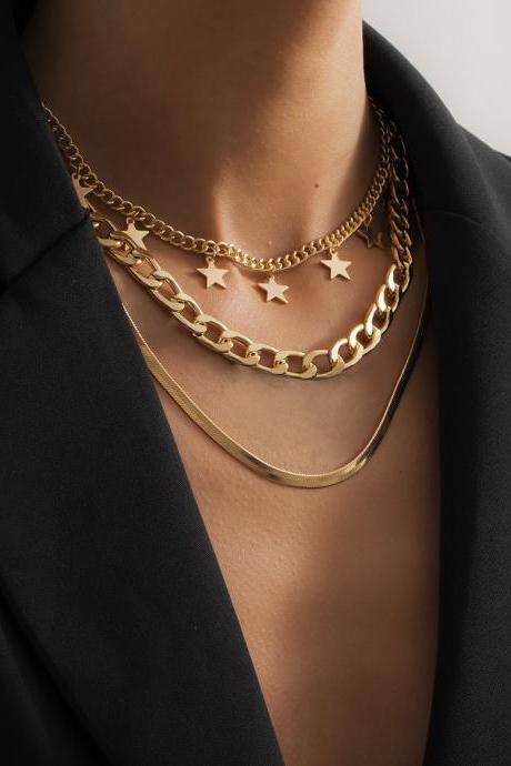 Geometric Chain Neck Chain Hip Hop Snake Bone Chain Fashion Star Necklace-golden
