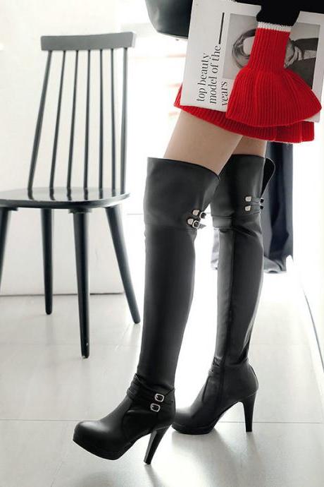Autumn And Winter High Heeled Knight Boots Thick Heeled Knee Boots-black