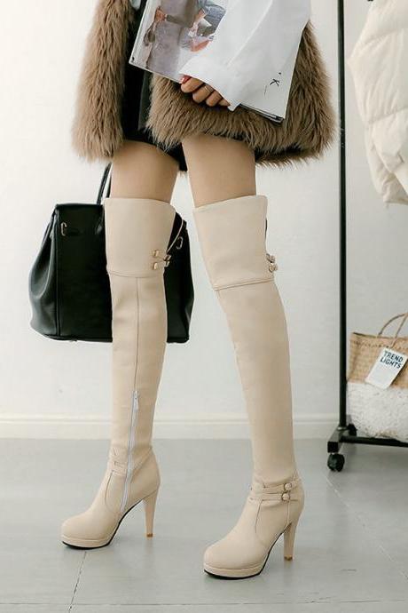 Autumn And Winter High Heeled Knight Boots Thick Heeled Knee Boots-apricot