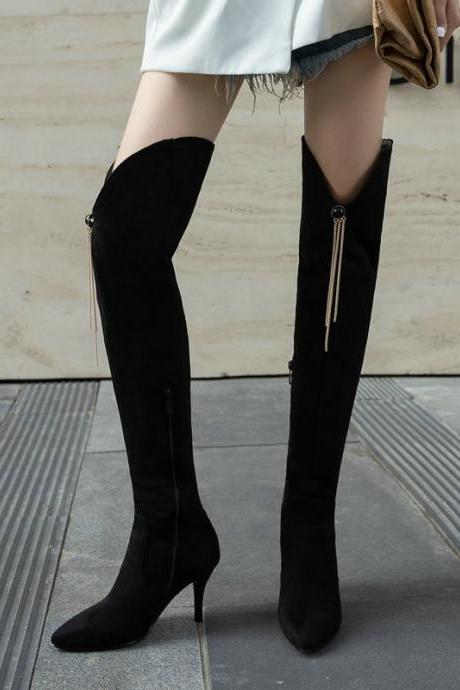 Autumn And Winter Pointed Elastic High Tube Boots-black