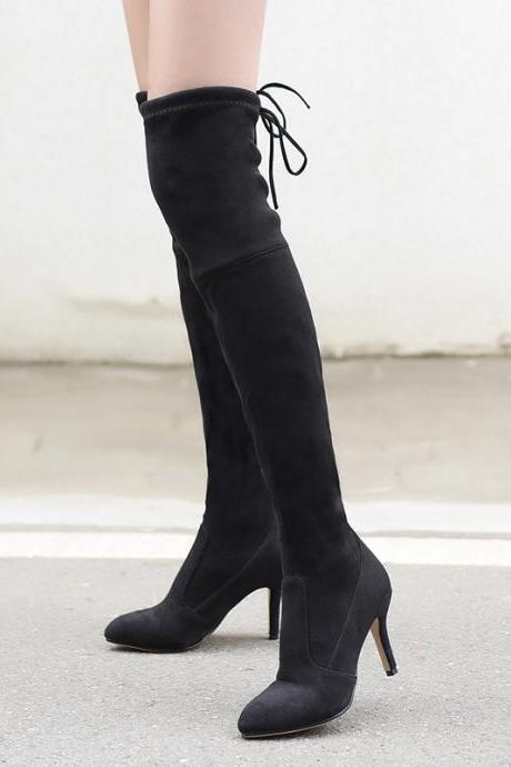 Suede Fashion Knee High Boots-black