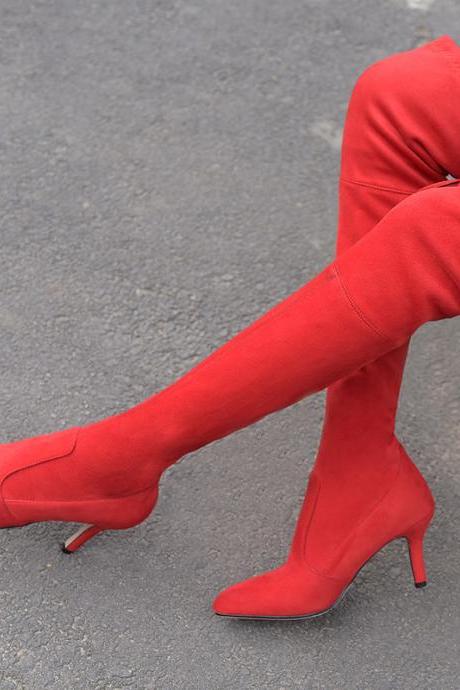 Suede Fashion Knee High Boots-red