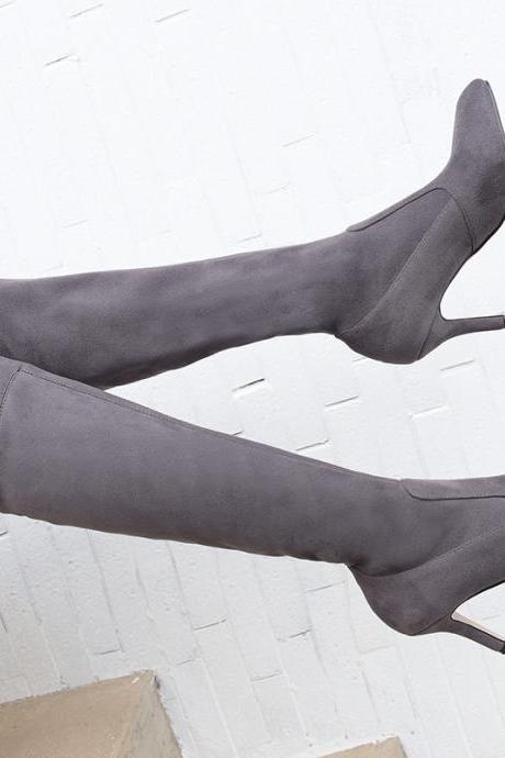 Suede Fashion Knee High Boots-gray