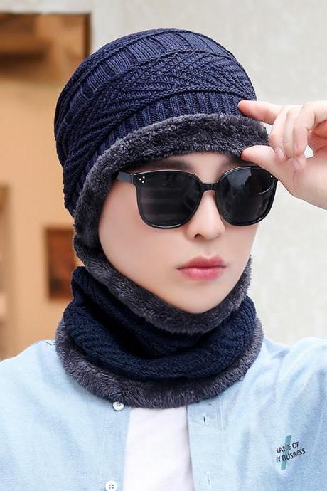 New men's and women's winter thickened Plush knitted cotton hat cycling cold proof wool hat damp warm Korean outdoor hat-Navy Blue(Protective neck)
