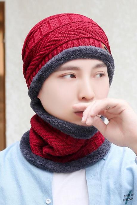 New men's and women's winter thickened Plush knitted cotton hat cycling cold proof wool hat damp warm Korean outdoor hat-Red(Protective neck)