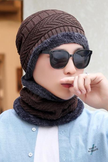 New men's and women's winter thickened Plush knitted cotton hat cycling cold proof wool hat damp warm Korean outdoor hat-Coffee(Protective neck)