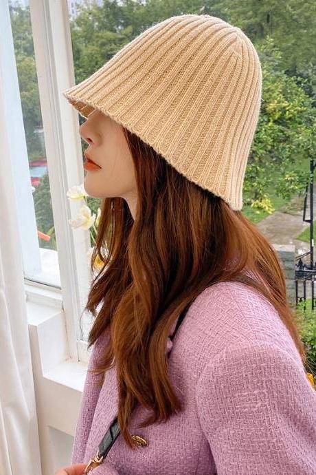 Autumn And Winter Knitting Wool Fisherman's Hat Pit Strip Versatile Women's Basin Hat-beige