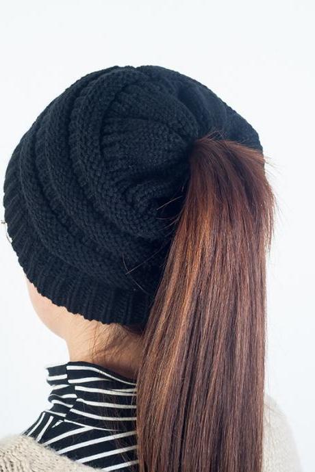 Women's Winter Outdoor Warm Wool Hat Empty Top Horsetail Knitted Hat-Black