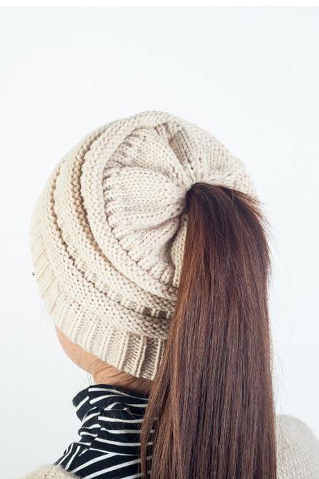 Women&amp;amp;amp;#039;s Winter Outdoor Warm Wool Hat Empty Top Horsetail Knitted Hat-beige