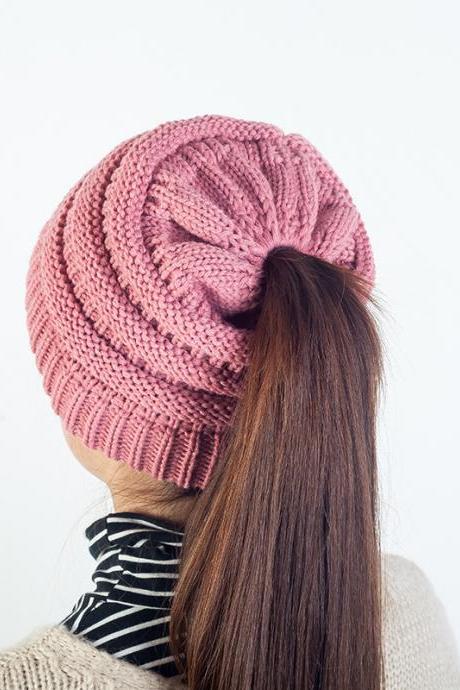 Women's Winter Outdoor Warm Wool Hat Empty Top Horsetail Knitted Hat-Pink
