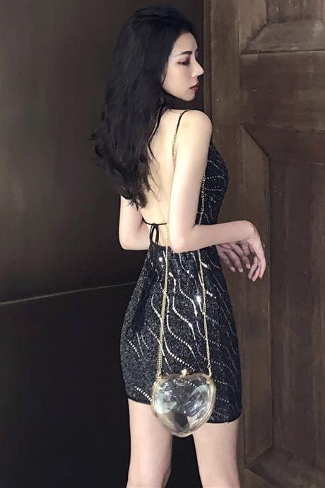 Sequin Backless Strap Sexy Suspender Party Dress