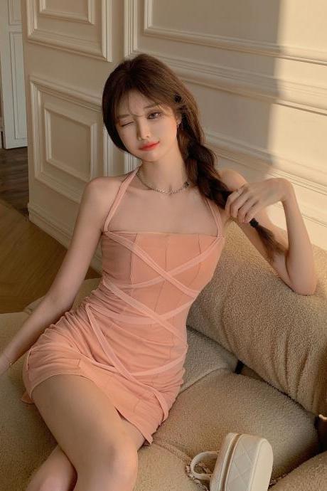 Low Cut Bandage Wrap Chest And Hip Dress-Pink