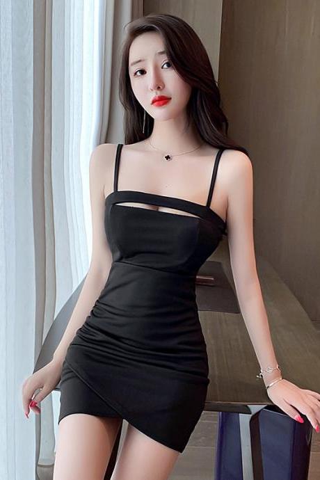 Low cut out suspender Hip Wrap Dress-Black