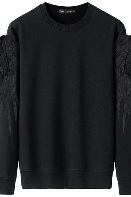 Autumn And Winter Wings Three-dimensional Feather Embroidery Sports Sweater-black+black Wing