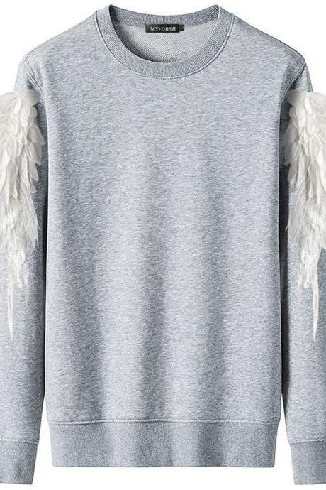 Autumn And Winter Wings Three-dimensional Feather Embroidery Sports Sweater-light Gray+white Wing