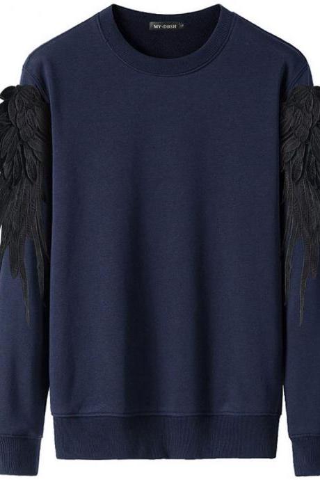 Autumn And Winter Wings Three-dimensional Feather Embroidery Sports Sweater-navy Blue+black Wing