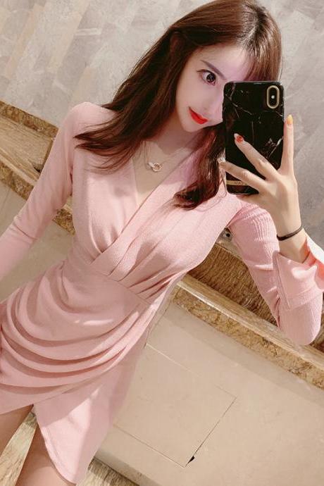 Pink V-neck Long Sleeve Bright Silk Pleated Hip Slim Dress