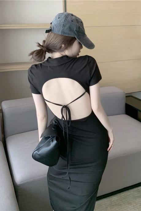 Black Lapel Cut-out Open Back Slim Fit Hip Split Long Dress